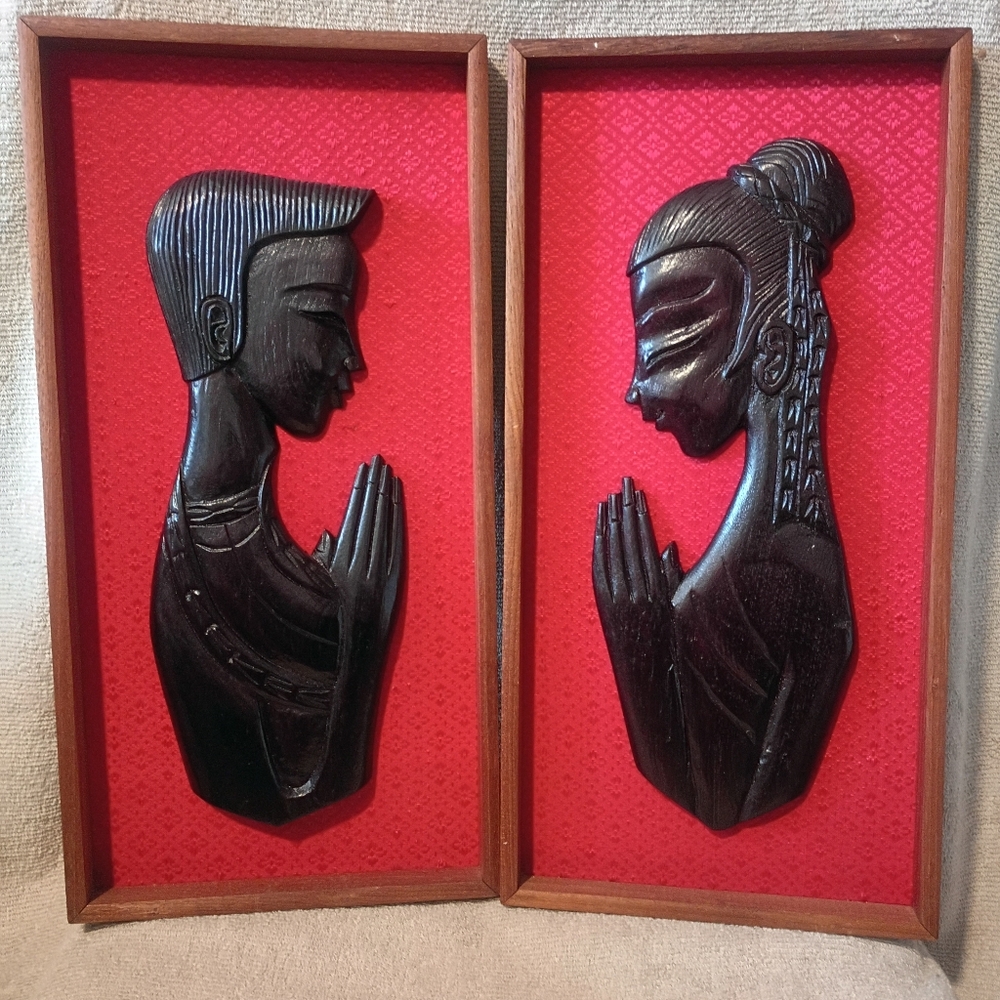Beautiful Set of Vintage Hand-carved Thai Teakwood Figurine Wall Art.